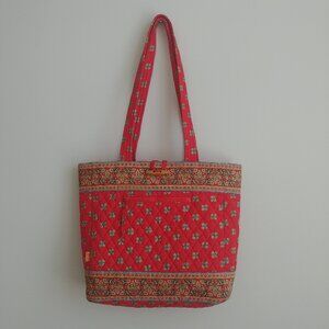 Maggi B 100% cotton quilted large flat bottom red tote bag pouch set